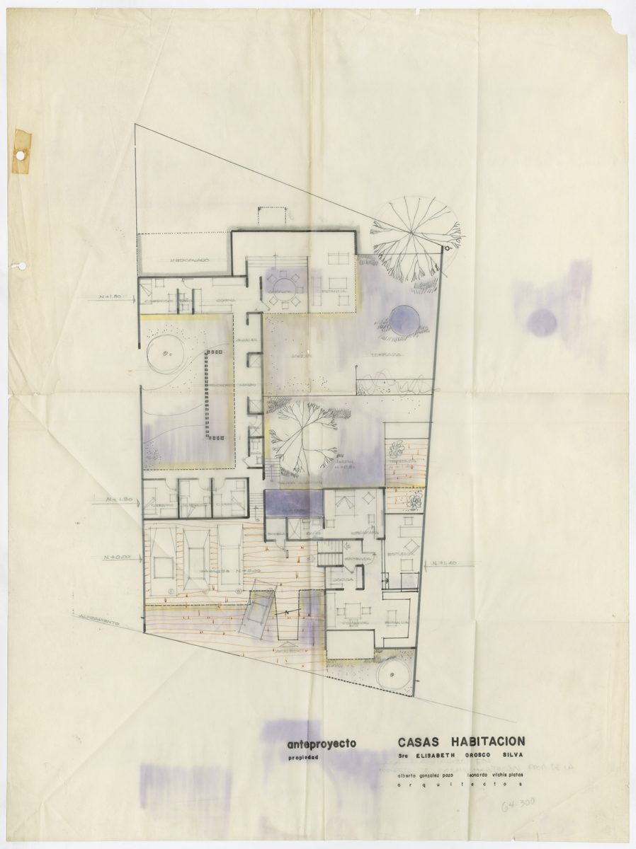 Planta arquitectónica y de conjunto. Primera propuesta con planimetría ortogonal. (AGP 64-300, AAM-FA/UNAM)