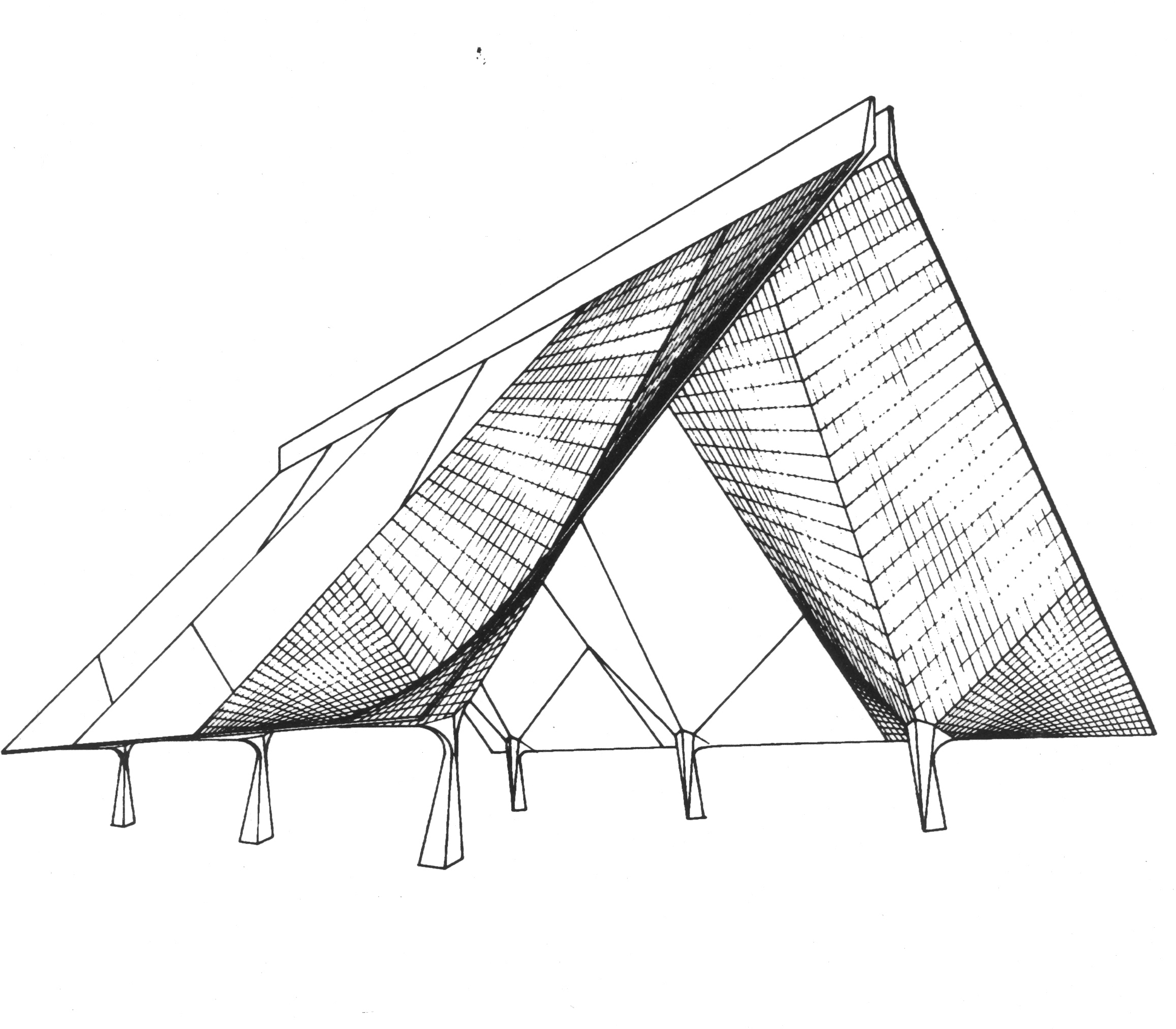Perspectiva  geométrica de la cubierta formada por los paraguas inclinados, resueltos con mantos alabeados. (AGP 62-100, AAM-FA/UNAM)