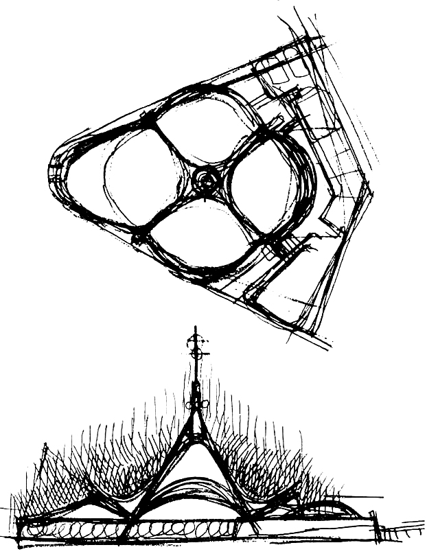 Croquis conceptual y distribución de mantos parabólicos. (AGP 67-100, AAM-FA/UNAM)