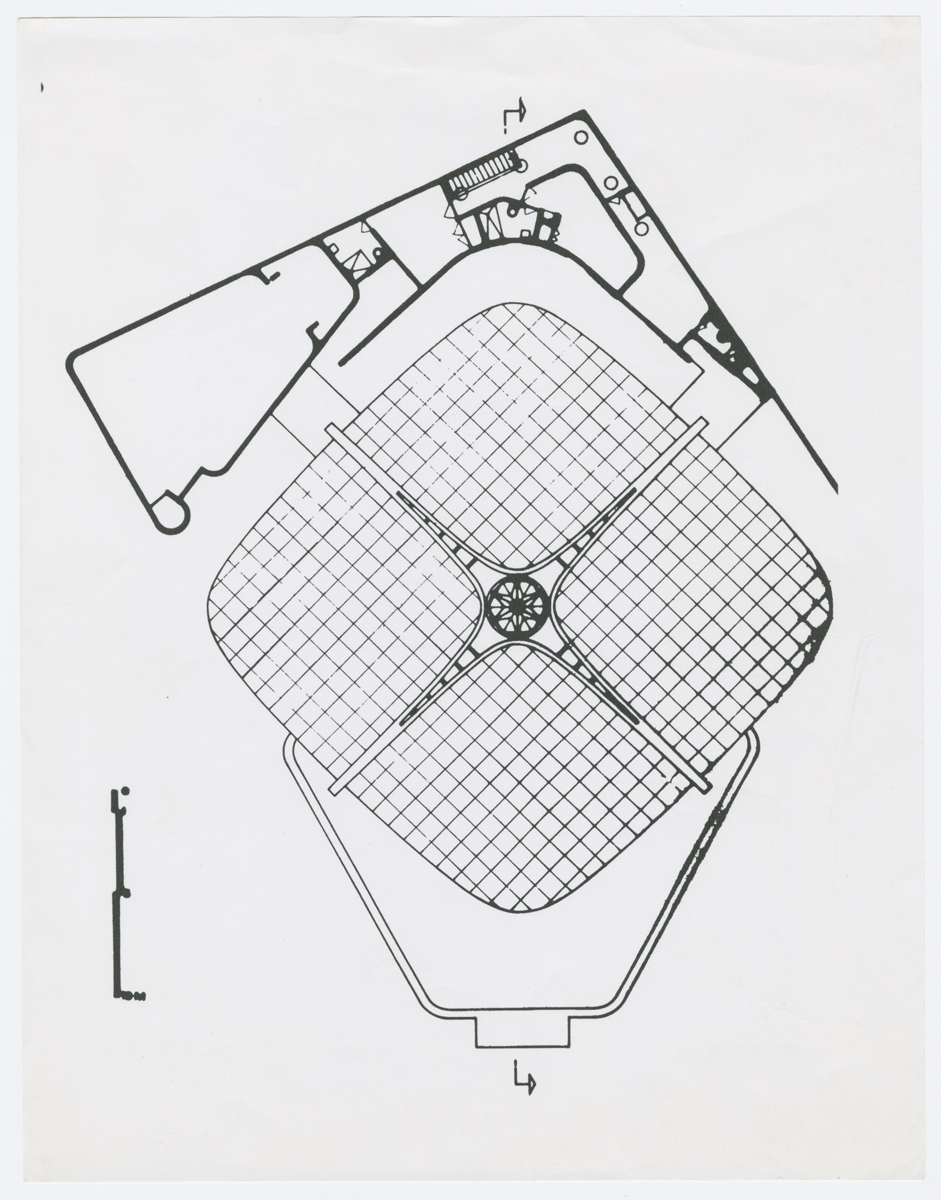 Planta las cubiertas de la nave, con las zonas de servicio en la parte posterior. (AGP 67-100, AAM-FA/UNAM)