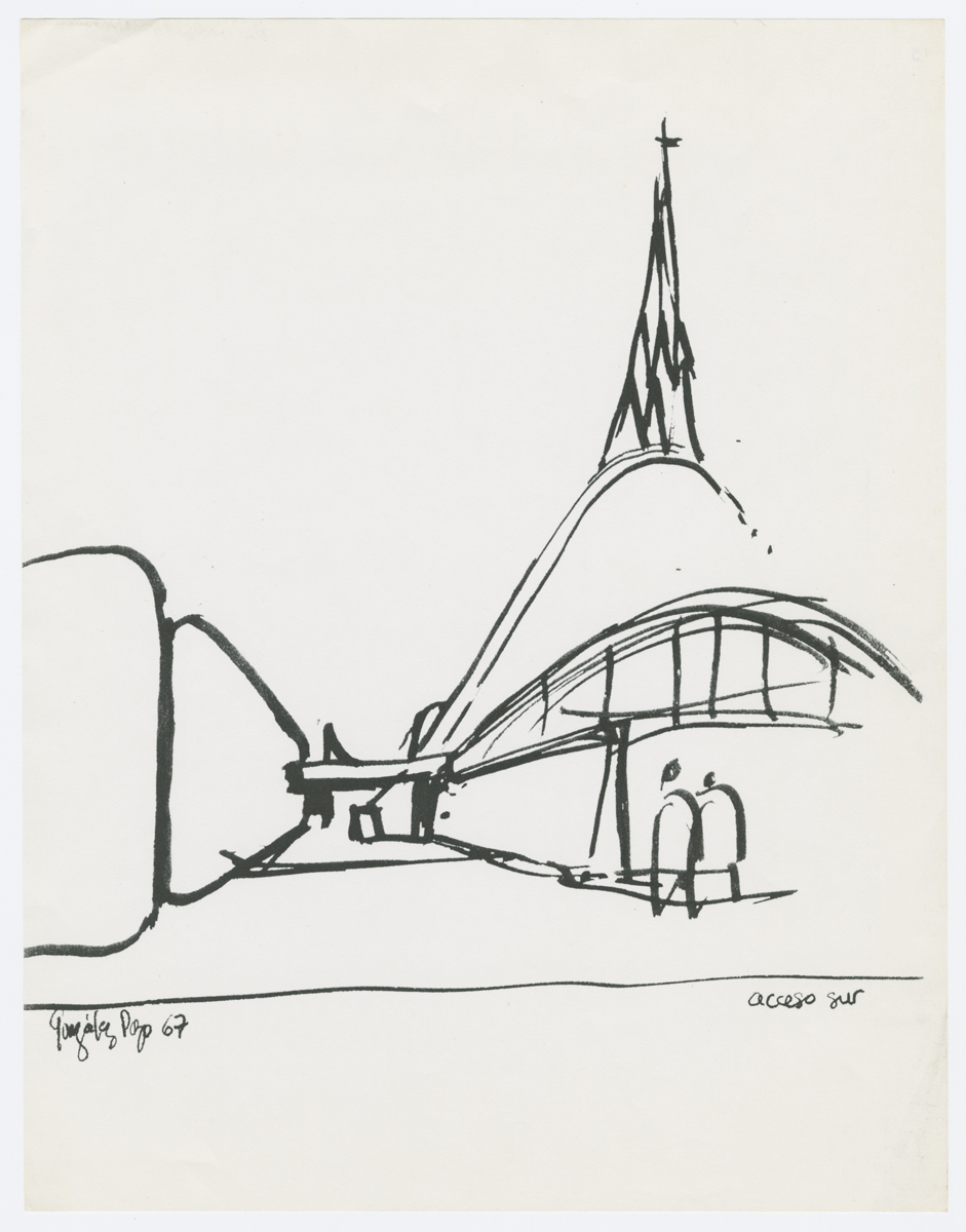 Croquis conceptual de la entrada a anexos desde el Periférico. (AGP 67-100, AAM-FA/UNAM)