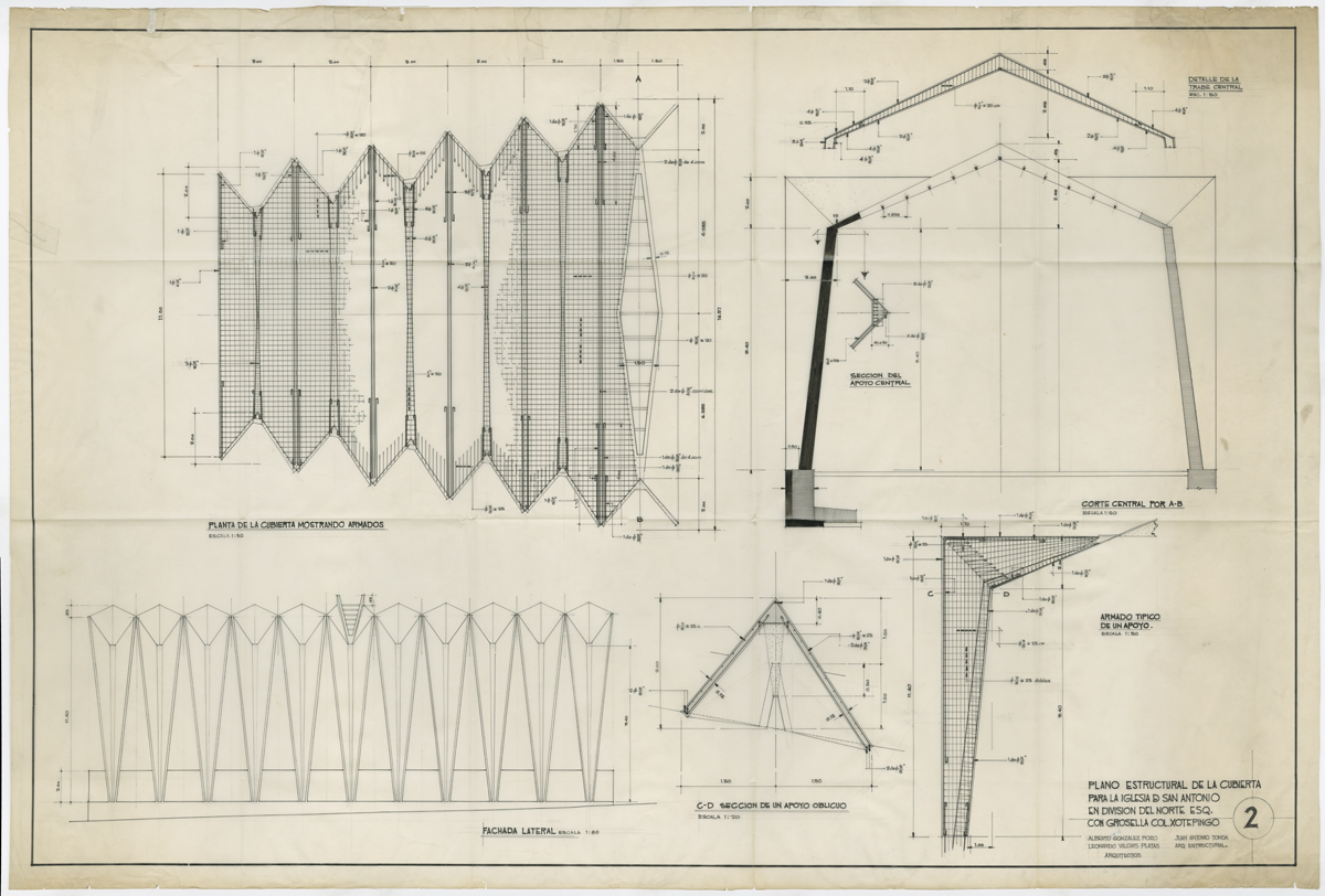 Plano de detalles constructivos de la cubierta en sus distintos tramos. (AGP 63-100, AAM-FA/UNAM)