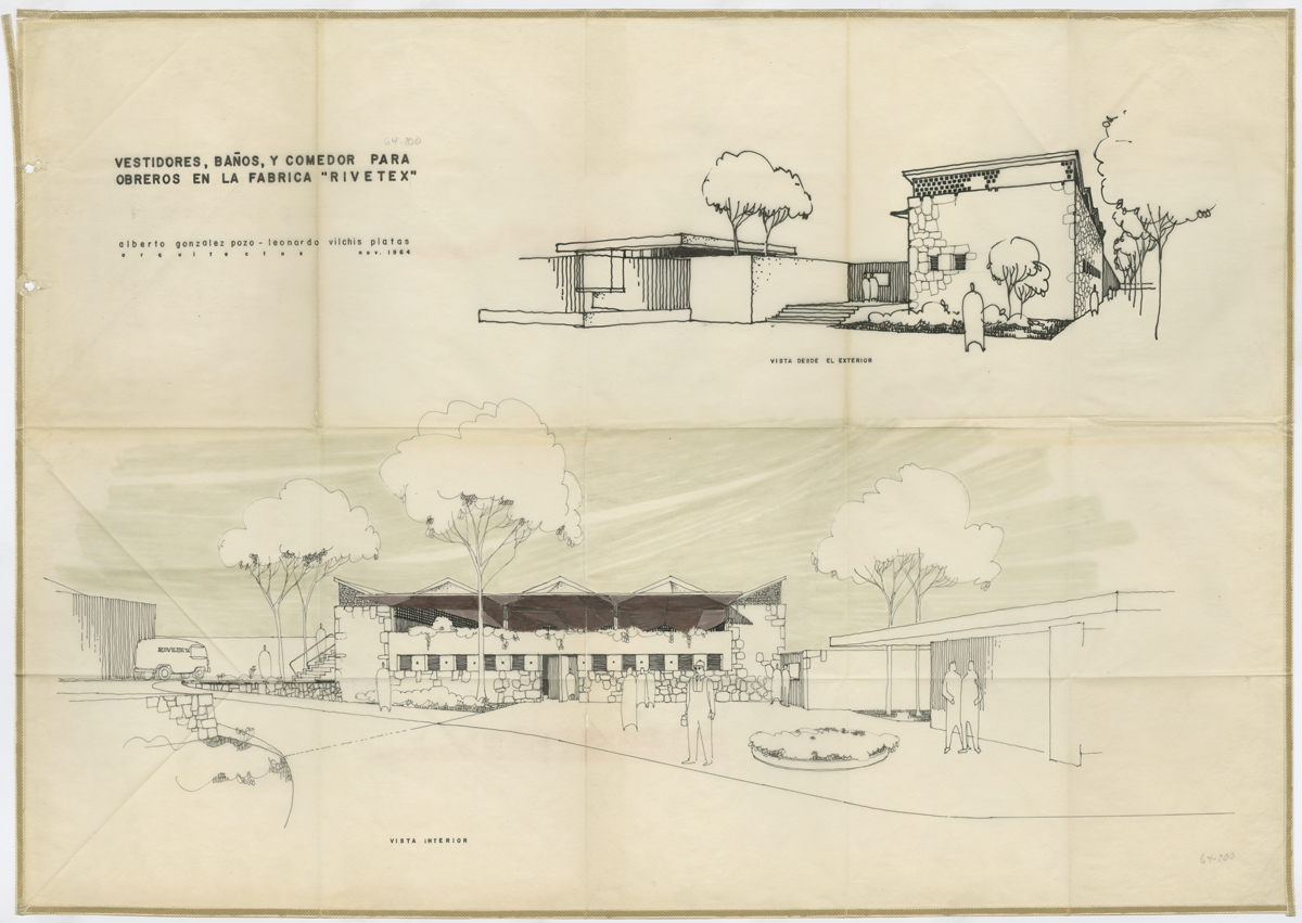 Croquis perspectivos del ingreso al conjunto y el pabellón para obreros.(AGP 64 -200, AAM-FA/UNAM)