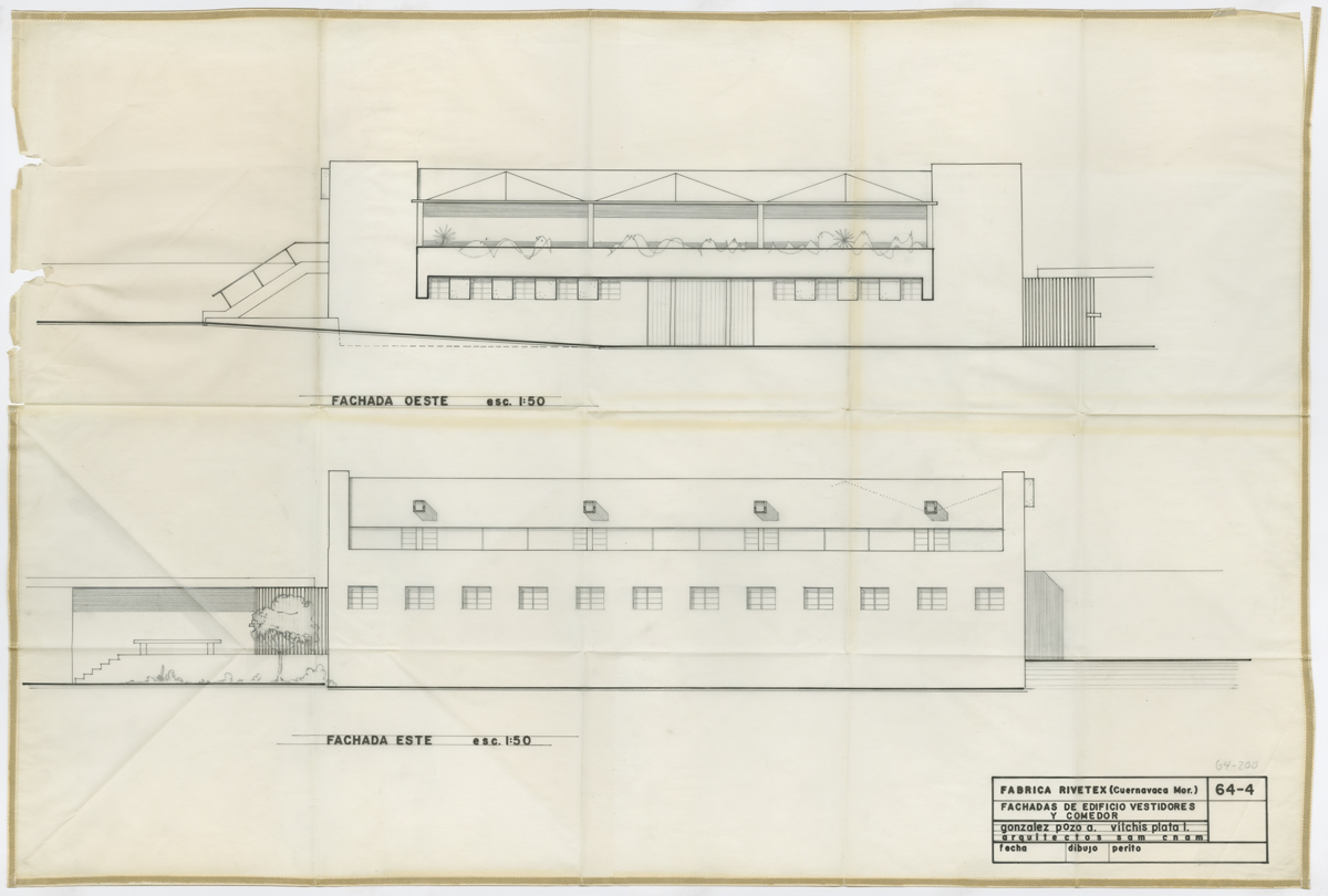 Fachadas del pabellón de servicios para obreros. (AGP 64 -200, AAM-FA/UNAM)