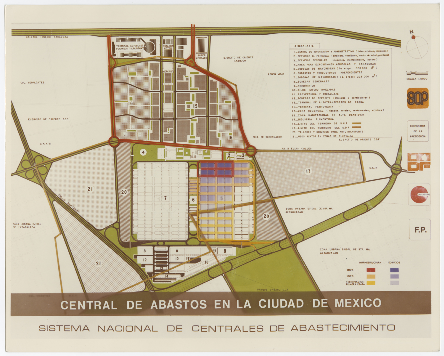 Ubicación de la 2ª versión de la Central de abastos en la zona. Se aprecian la cercanía de Calzada Zaragoza (al norte, arriba) y el Anillo Periférico por el poniente (a la izquierda). (AGP 76-220, AAM-FA/UNAM)