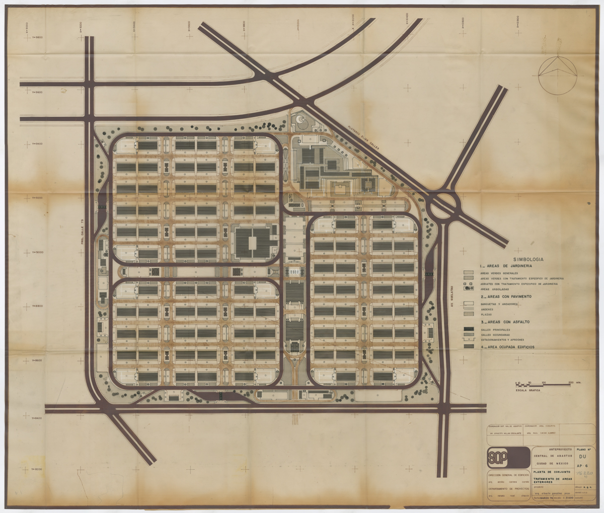 Planta de conjunto de la 2ª versión.Tratamiento de áreas viales y espacios ajardinados. (AGP 69-100, AAM-FA/UNAM)