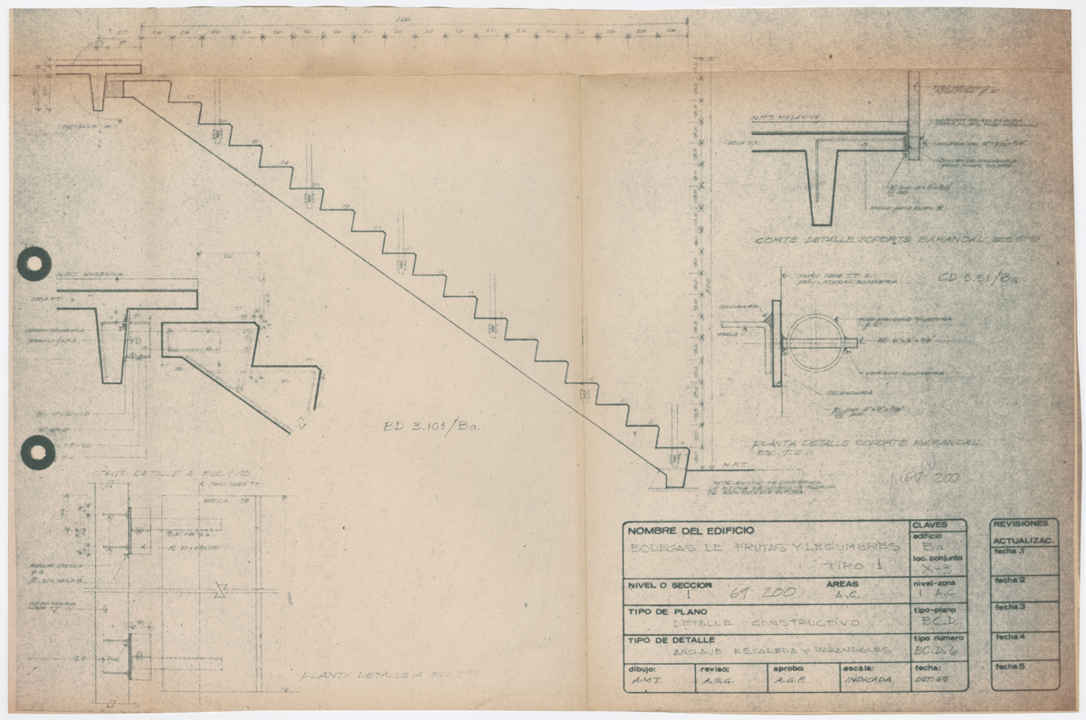1ª Versión. Detalles de escaleras de acceso a mezzaninas administrativas en cada bodega (AGP 69-100, AAM-FA/UNAM)