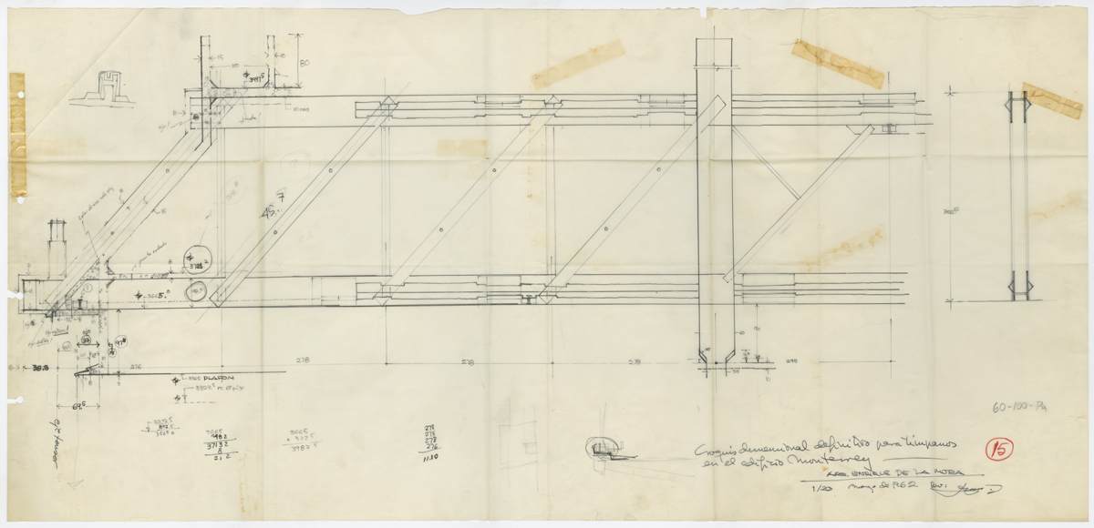 Detalle de la superestructura de donde cuelga el edificio. Muestra una trabe maestra, parte de una armadura y su cabezal, sujetando el tensor que soporta a los pisos inferiores. (AGP 72-100, AAM-FA/UNAM)