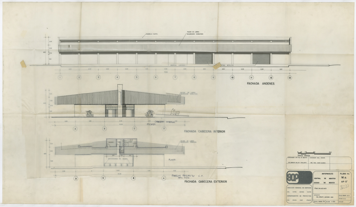 Fachadas frontal y lateral de las bodegas mayoristas y andenes de descarga.(AGP 69-100, AAM-FA/UNAM)