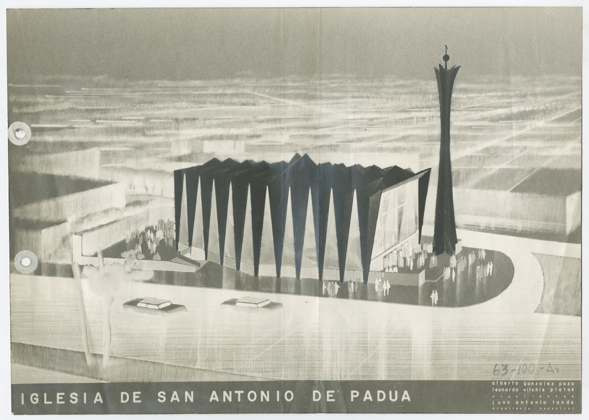 Perspectiva a vuelo de pájaro de la volumetría propuesta inicialmente, sin ábside. (AGP 63-100, AAM-FA/UNAM)