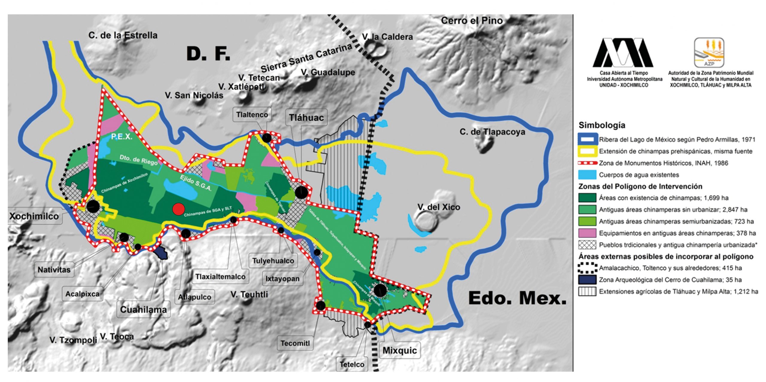 La Zona Patrimonio Mundial en Xochimilco, Tláhuac y Milpa Alta señalada por la línea discontinua roja; en verde oscuro las 5 zonas chinamperas; los círculos negros indican los 12 poblados originarios ribereños. El círculo rojo señala la zona donde se inició el catálogo, y las líneas azul y amarillo muestran límites originales de los lagos y las chinampas en 1521.